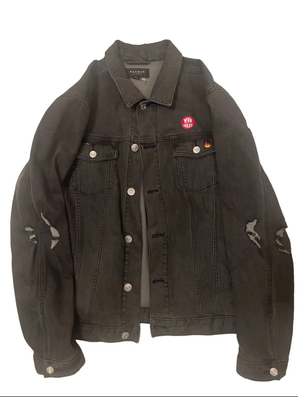 PacSun Black Distressed Denim Jacket with Flame Patch